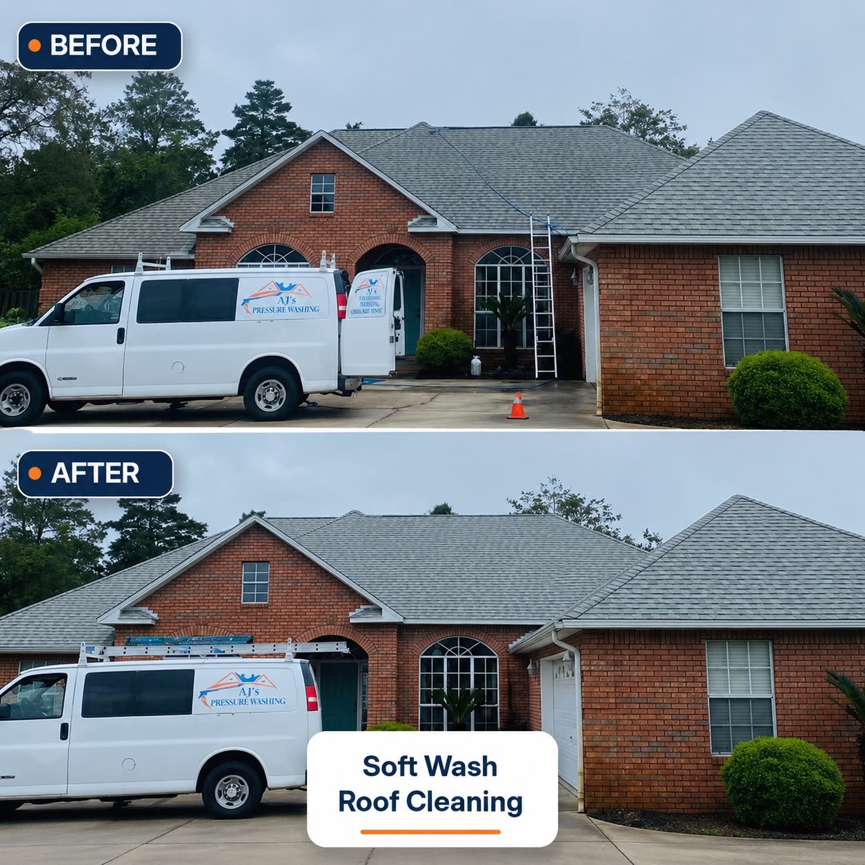 Soft wash roof cleaning before and after